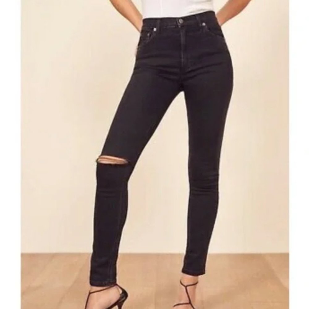 NWT Reformation High & Skinny Faded Black Destroyed Jeans